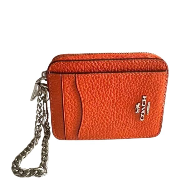 COACH Zip Card Case Cherry Leather Gunmetal Accents Detachable Chain - Picture 3 of 6